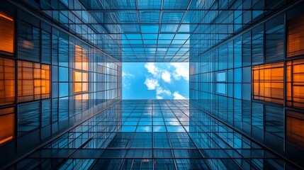 Low angle view of modern glass building, sky visible through glass panels.