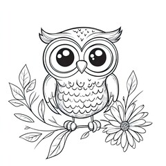 Fototapeta premium Adorable Owl with Flower Simple Coloring Page for Kids