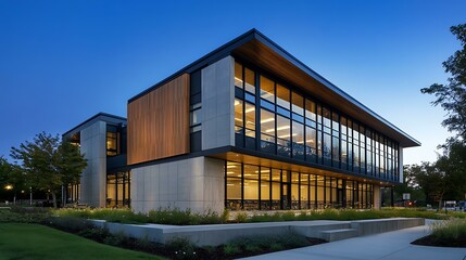 Fototapeta premium Textured concrete lower facade and warm wooden upper-floor panels in a modern building with sleek black-framed windows