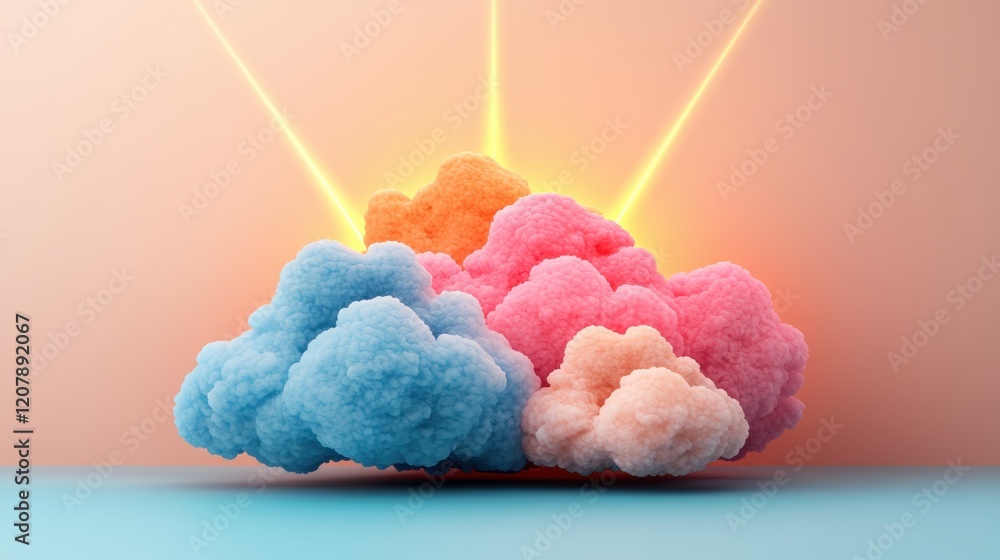 Poster solar zenith concept. a vibrant scene featuring colorful clouds with rays of light emerging, creatin