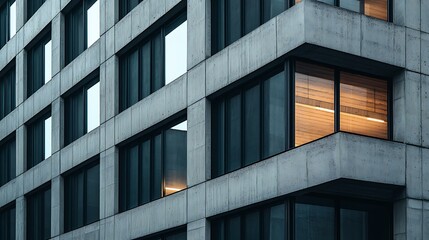 Fototapeta premium Textured concrete lower facade and warm wooden upper-floor panels in a modern building with sleek black-framed windows