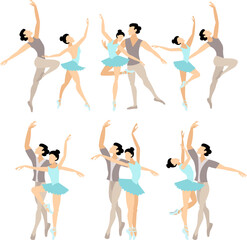 Vector people.  Ballet couple. Set of ballet couples. A man and a woman dance classical ballet. Vector illustration isolated
