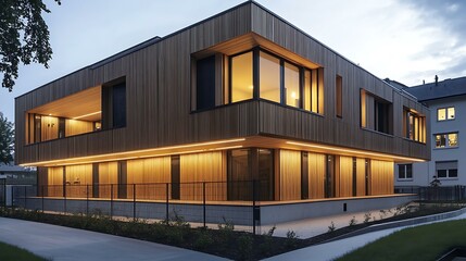 Fototapeta premium Stylish residential building with high-quality wooden accents, textured concrete lower sections, and cool white LED lighting emphasizing its design
