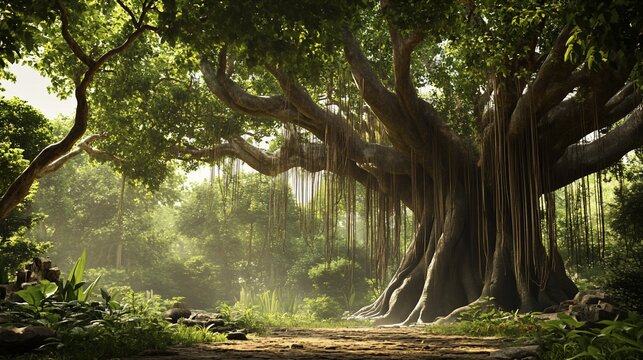 Majestic Ancient Banyan Tree in Lush Tropical Jungle Sunlight Beams Through Canopy