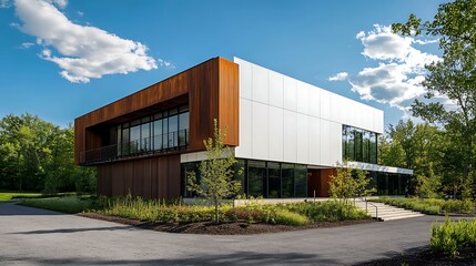 Obraz premium Sleek and modern exterior with a clean white facade, asymmetrical metal accents, and wooden panels for an elevated visual appeal
