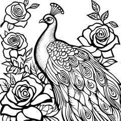 Fototapeta premium Simple Peacock and Rose Coloring Book Page for Kids