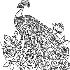 Fototapeta premium Beautiful Peacock and Rose Coloring Book Page for Kids