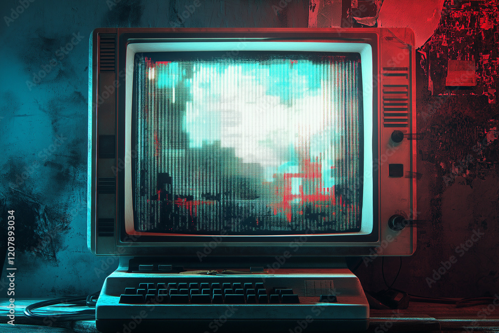Poster technical difficulties screen with glitch effect and distorted pixels