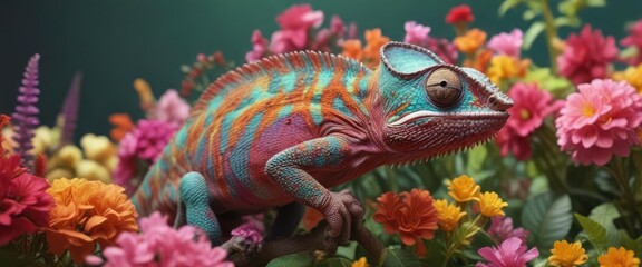Chameleon hiding among flowers with bright colors , bloom, tropical, blossom