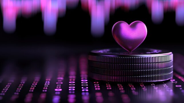 A stack of coins topped with a pink heart, symbolizing love for finance and investment in a vibrant background.