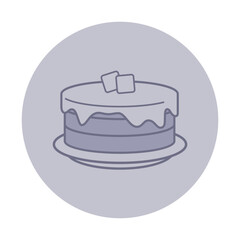 Simple illustration of layered cake decorated with frosting and two small toppings. Cake on round plate, perfect for dessert