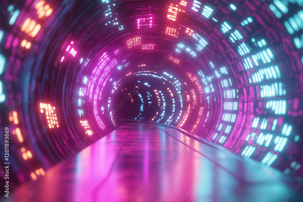 Poster vibrant digital binary tunnel with glowing numbers