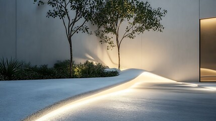 Fototapeta premium Photorealistic exterior design with LED lighting emphasizing asymmetrical details, textured panels, and white plaster surfaces
