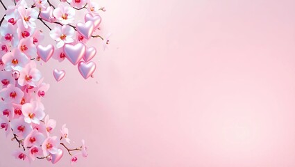 A luxurious Valentine's Day background. One side features a cluster of 3D rendered, iridescent hearts floating amongst a delicate cascade of white orchids. 