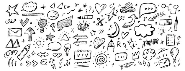 Creative doodles featuring arrows, hearts, stars, and various symbols sketched on paper background