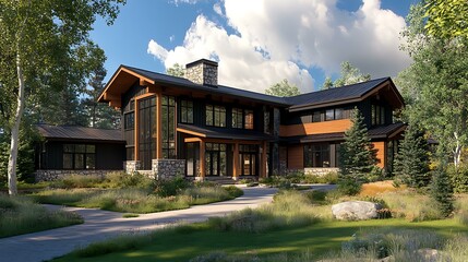 Architectural elegance in a photorealistic render of a residence with black-framed windows, anthracite metal accents, and high-quality materials