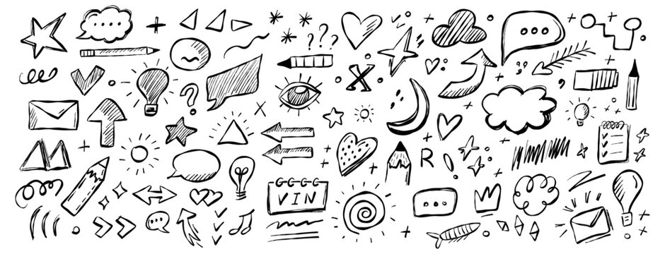 Creative doodles featuring arrows, hearts, stars, and various symbols sketched on paper background