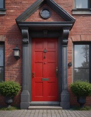 Fototapeta premium Classic brick house with red front door and ornate details, details, classic, home