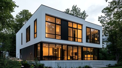 Fototapeta premium Modern residential building with a white geometric facade featuring vertical and diagonal plaster divisions, large black-framed windows, and a dark lower section made of textured architectural