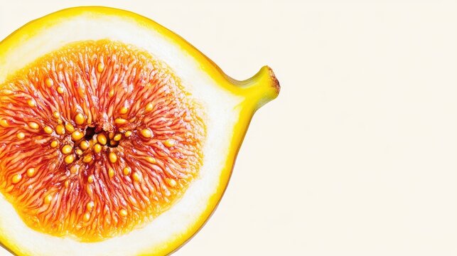 Close-up of a ripe yellow fig sliced in half