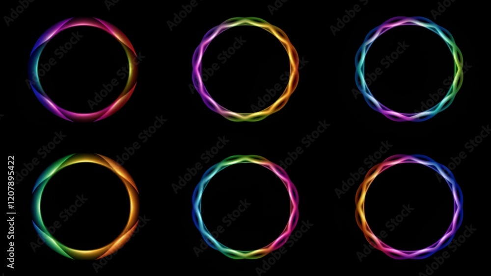 Poster Set of glowing neon color circles round curve shape with wavy dynamic lines isolated on black background, futuristic abstract pattern lightwave energy swirl motion loop design for digital art