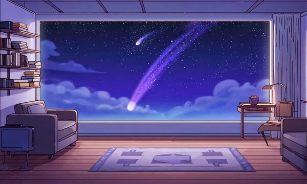 Virtual streamer backgrounds stream overlay loop, cozy living room with big window and night sky, asset for vtuber twitch zoom OBS screen, anime lo-fi chill hip hop