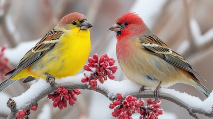 Fototapeta premium Winter birds perched snowy branch, red berries background, wildlife nature scene