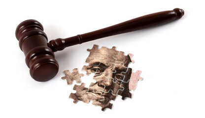 A fragment of a 100 US dollar bill assembled from puzzles and a  on a white background
