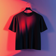 A black t shirt is hanging on a hanger with colorful gradient background