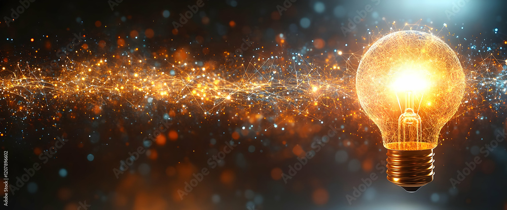 Poster illuminated lightbulb with glowing particles: abstract innovation concept