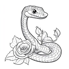 Fototapeta premium Simple Coloring Book Page Snake with Rose Illustration for Kids