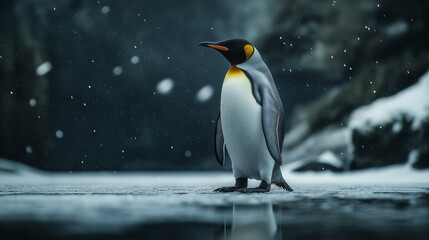 Fototapeta premium A penduin standing in a location with full of snow.