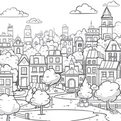 Obraz premium Summer Cityscape Coloring Book Page Simple Illustrations for Kids