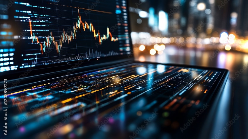 Poster visualizing reduced crypto trends through dynamic charts and data analysis in urban setting