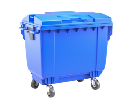 large blue plastic wheeled garbage container