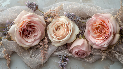 Obraz premium Blush roses with lavender and lace on textured background