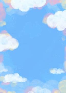watercolor pastel blue pink color cloud in a sky with glittery stars illustration hand drawn background wallpaper greeting card template space for text potrait cute