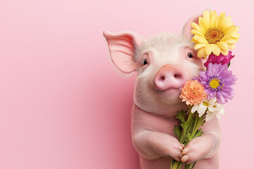 A cute pig holding a bouquet of flowers, set against a soft pink flat background. The design includes ample blank space, making it perfect for Women's Day, Mother's Day, or a gift card.