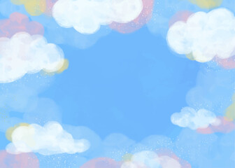 watercolor pastel blue pink color cloud in a sky with glittery stars illustration hand drawn background wallpaper greeting card template space for text landscape cute
