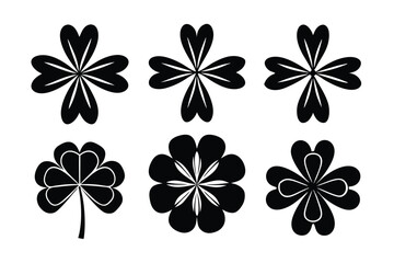 set of 6 Four-leaf clover silhouette vector cartoon illustration
