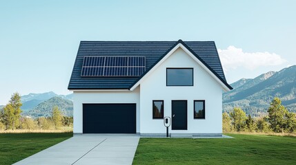 Obraz premium A modern house featuring solar panels, a sleek design, and a scenic mountain backdrop, surrounded by greenery.