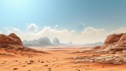 Fototapeta premium A realistic photo of an alien desert landscape with red rocks, on a white background