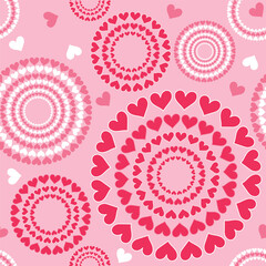 Cute Valentine's day seamless vectror pattern with red and white heart circles on the pink background. February holidays love celebration