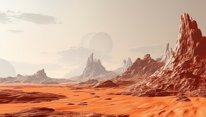 A realistic photo of an alien desert landscape with red rocks, on a white background