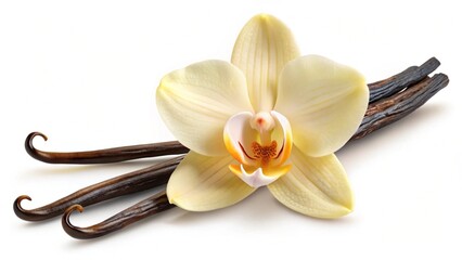 Vanilla pods and orchid flower isolated on white and transparent background, png
