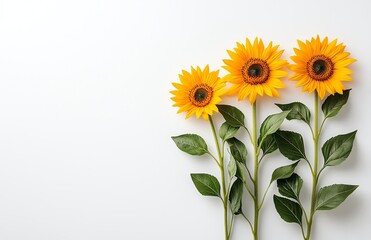 Naklejka premium Three vibrant sunflowers with lush green leaves arranged neatly against a clean white background, symbolizing beauty, joy, and warmth, ideal for floral designs and nature themes.