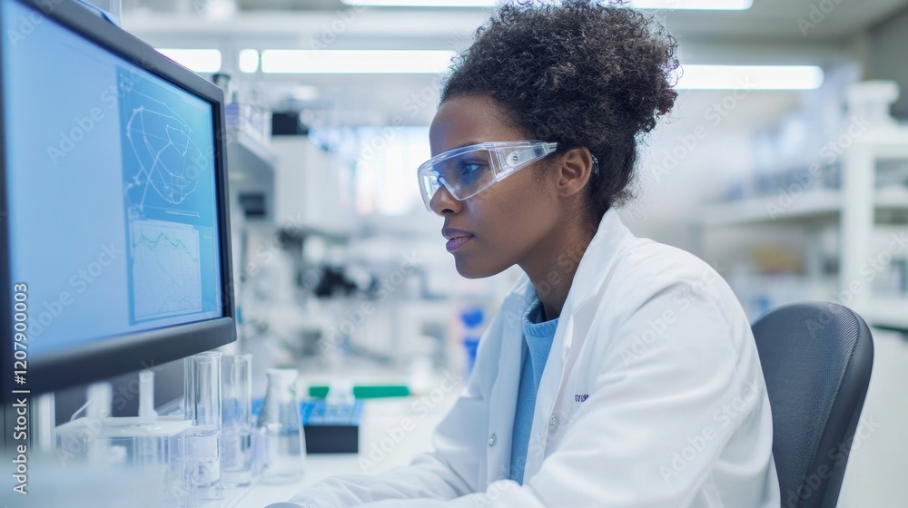 Poster scientist working in modern laboratory analyzing satellite data