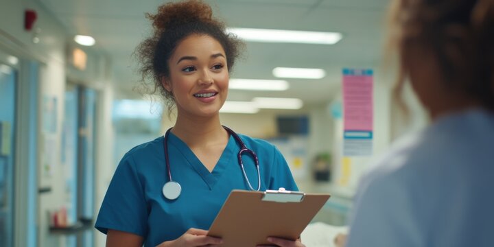 A friendly nurse engages with a patient in a bright hospital corridor. She is wearing scrubs and holds a clipboard. This image captures healthcare interactions and support. AI