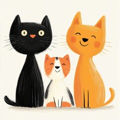 Playful Cartoon Cats with Expressions and Colors on a Light Background