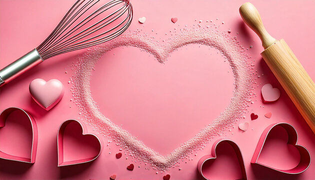A top view of a pink baking surface, with various baking utensils neatly arranged around a heart-shaped dusting of powdered sugar - Powered by Adobe